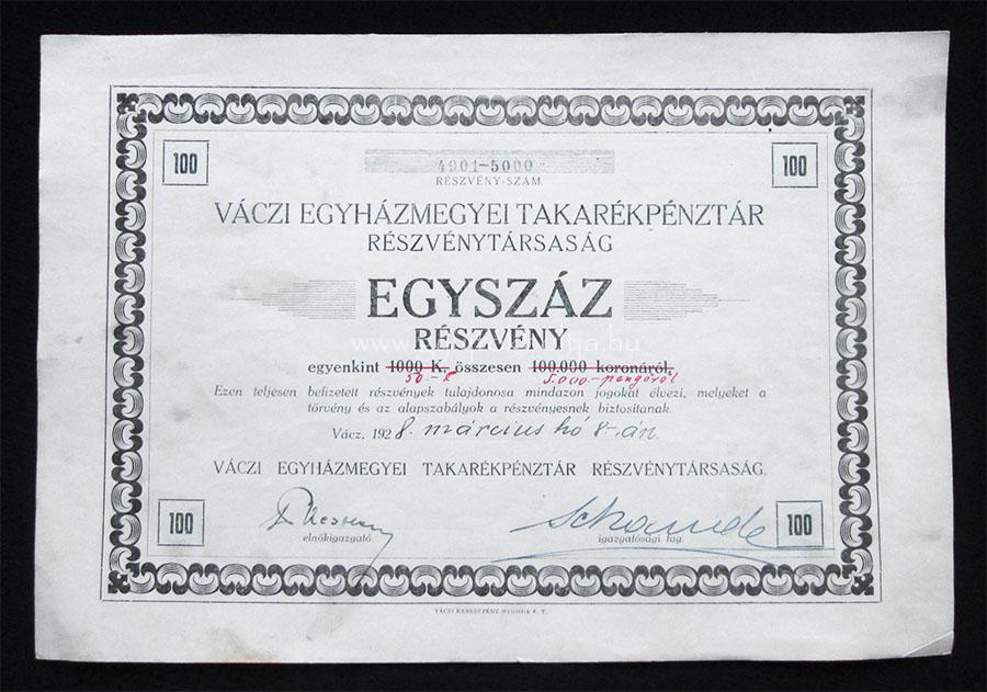 V�czi Egyh�zmegyei Takar�kp�nzt�r r�szv�ny 100x1000 korona / 100x50 peng� 1928 V�cz